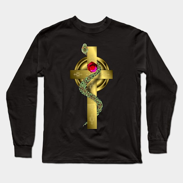 Gold Rosy-Cross + Serpent Long Sleeve T-Shirt by geodesyn